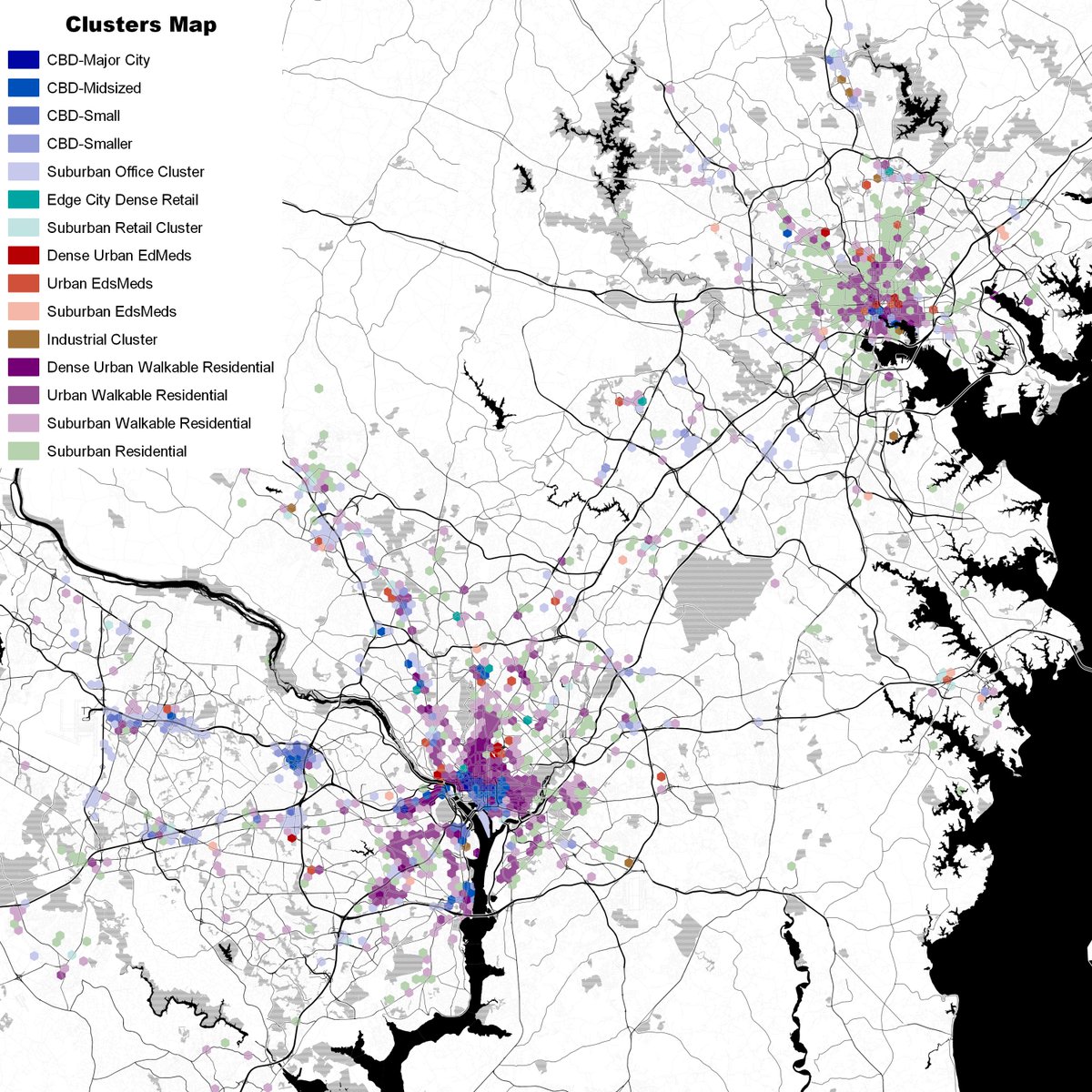 And here we have Baltimore-Washington. It's notable how much of West Baltimore is relatively dense but not walkable due to no retail...can anyone say "food apartheid"? Also, I was impressed by how visible Columbia Pike in VA is: I really need to walk it someday.