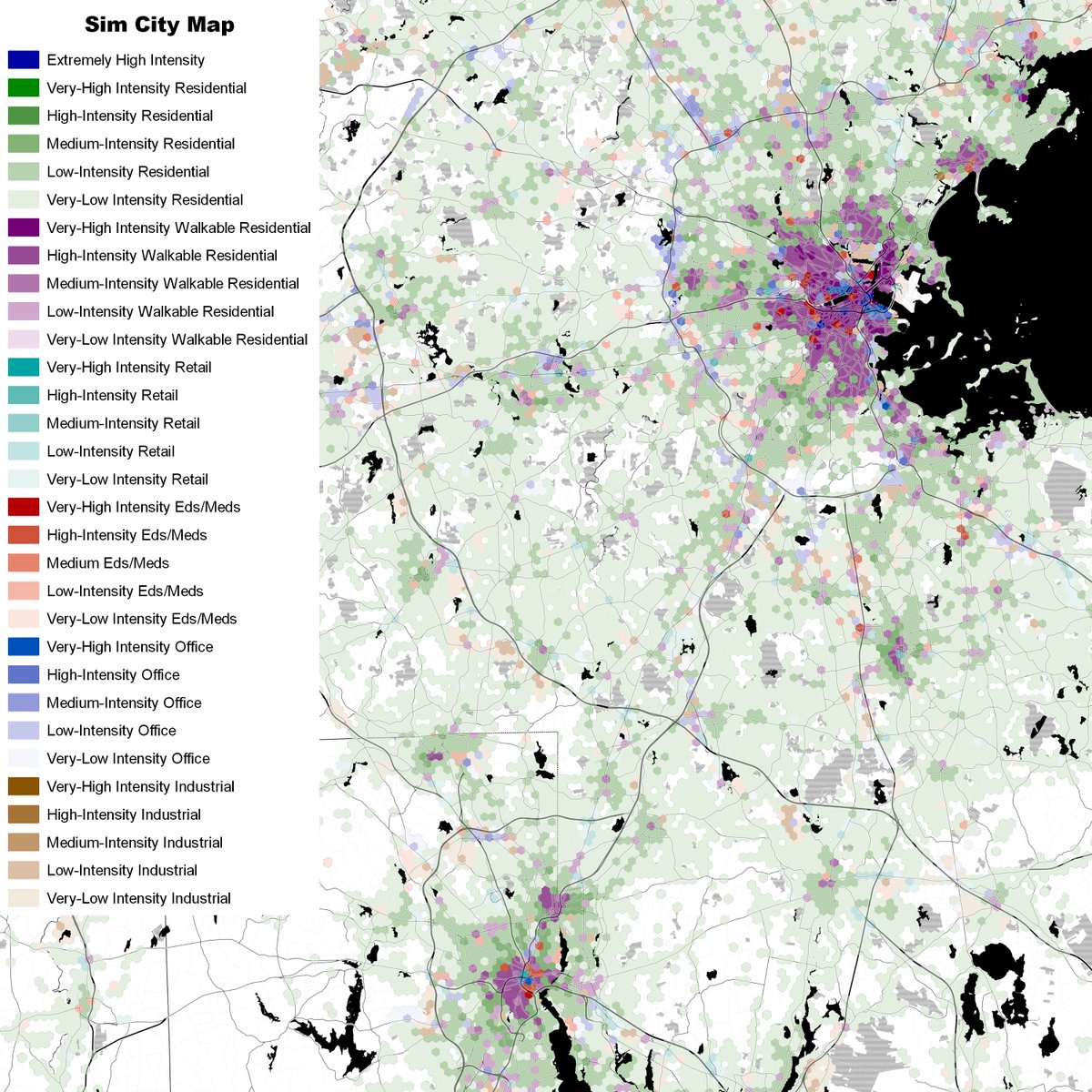 Boston and---surprisingly to me, Providence---have rather more in the way of urban cores, though Boston's ring of mill town suburbs that deserve better commuter rail service are mostly off the map.