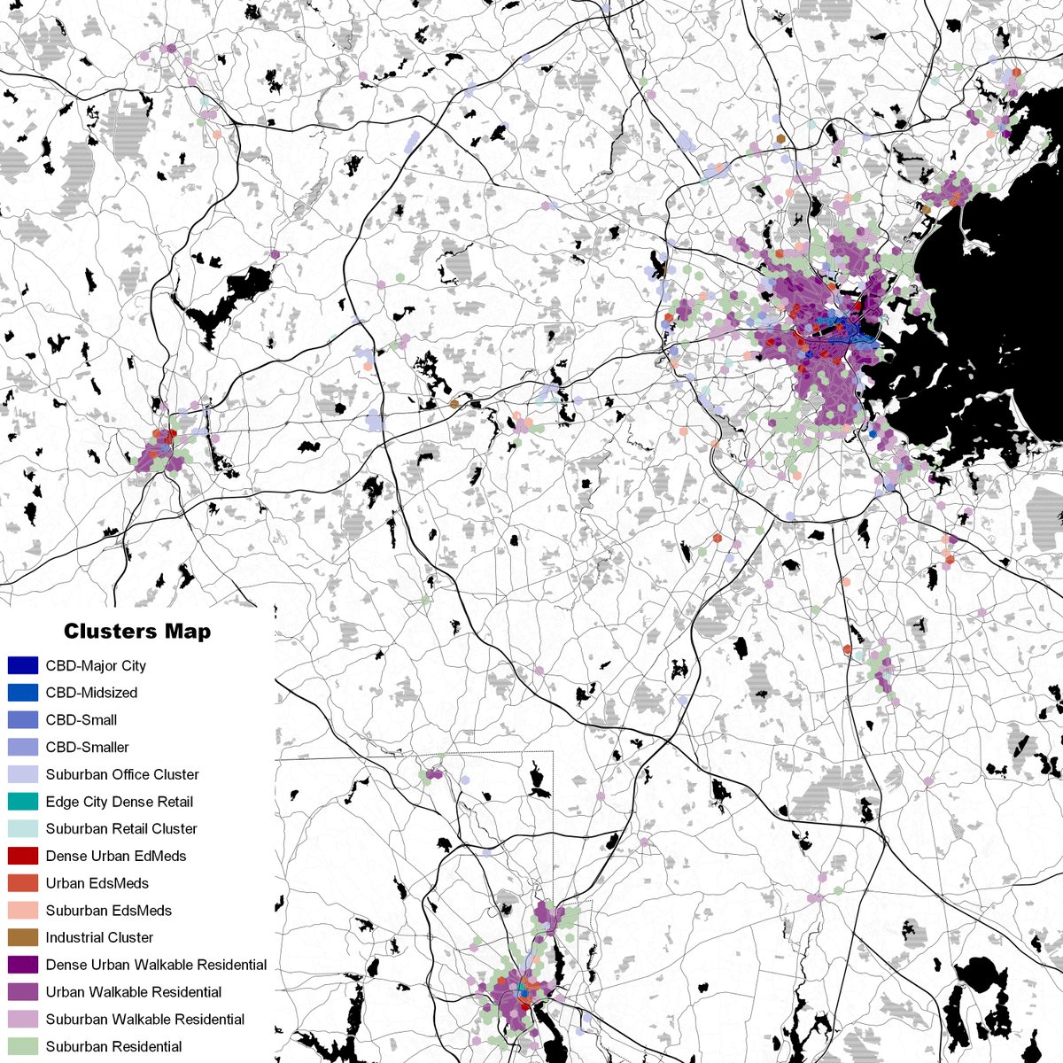 Boston and---surprisingly to me, Providence---have rather more in the way of urban cores, though Boston's ring of mill town suburbs that deserve better commuter rail service are mostly off the map.