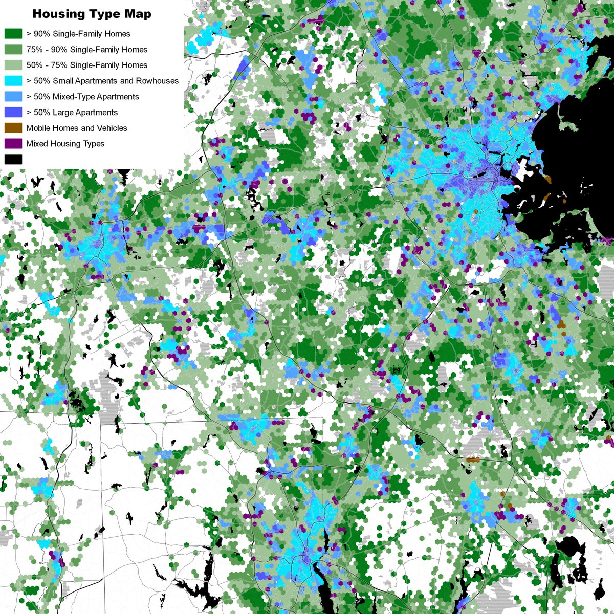 Boston and---surprisingly to me, Providence---have rather more in the way of urban cores, though Boston's ring of mill town suburbs that deserve better commuter rail service are mostly off the map.