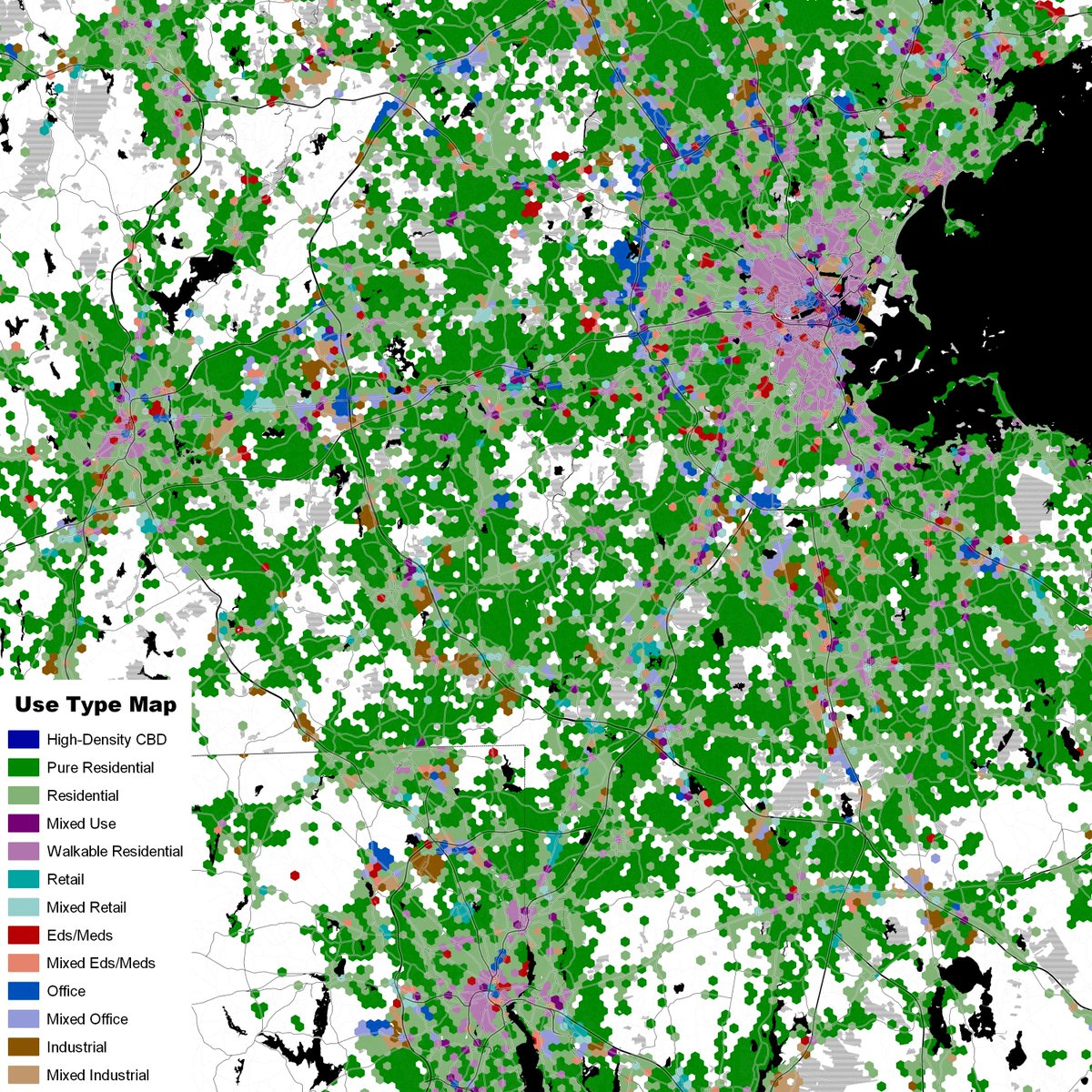 Boston and---surprisingly to me, Providence---have rather more in the way of urban cores, though Boston's ring of mill town suburbs that deserve better commuter rail service are mostly off the map.