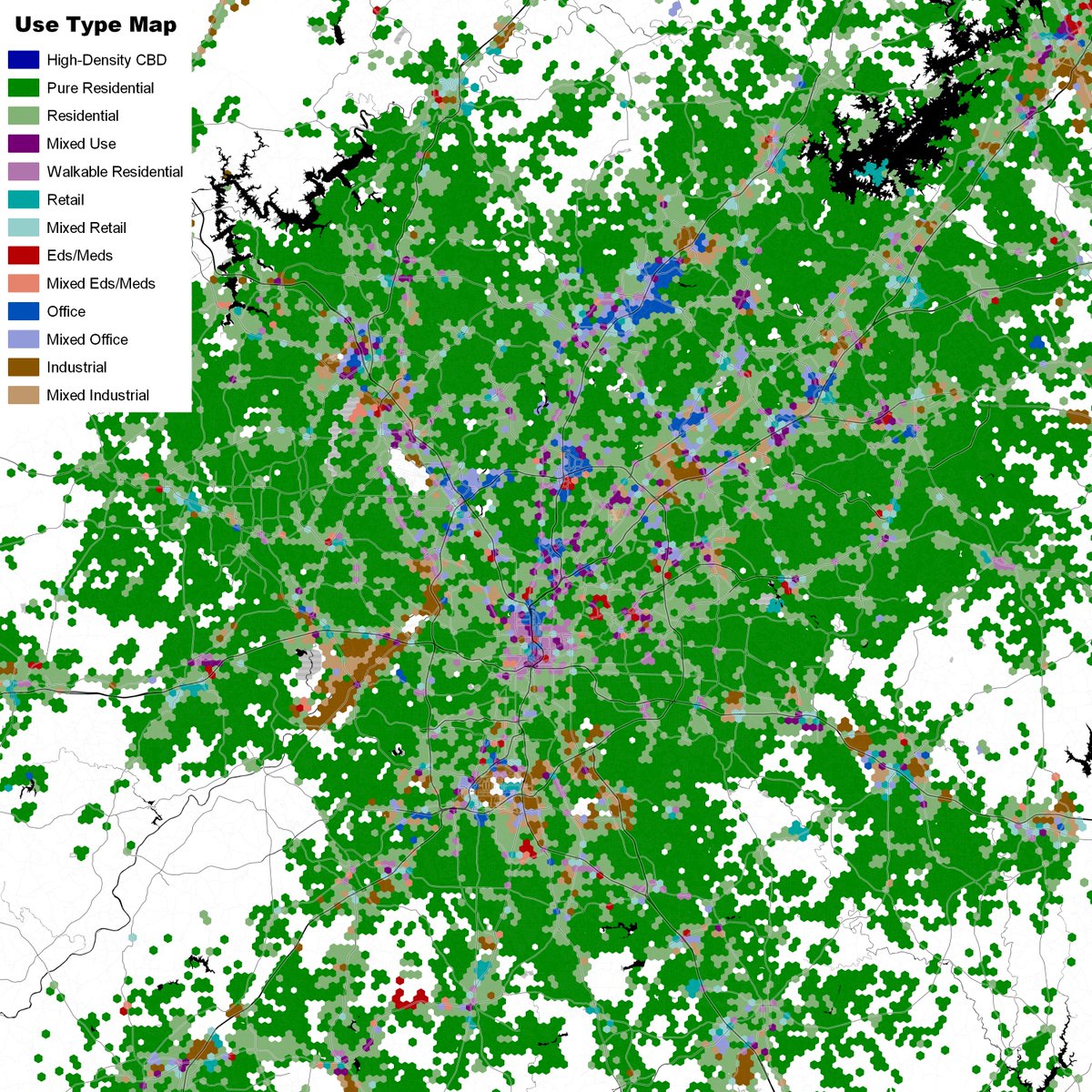 Northern Virginia's edge cities are very visible on the DC map. Now have a look at Atlanta. It's disturbing just how little "city" there is there once you limit it to reasonably dense places...but there is a decent amount of commercial density in the edge cities to the north.