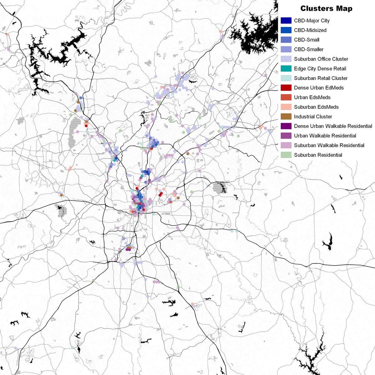 Northern Virginia's edge cities are very visible on the DC map. Now have a look at Atlanta. It's disturbing just how little "city" there is there once you limit it to reasonably dense places...but there is a decent amount of commercial density in the edge cities to the north.