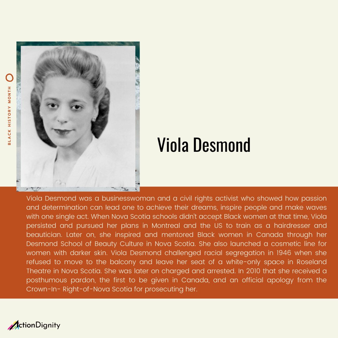 Viola Desmond was a businesswoman and a civil rights activist who showed how passion and determination can lead one to achieve their dreams, inspire people and make waves with one single act.  #BlackHistoryMonth  