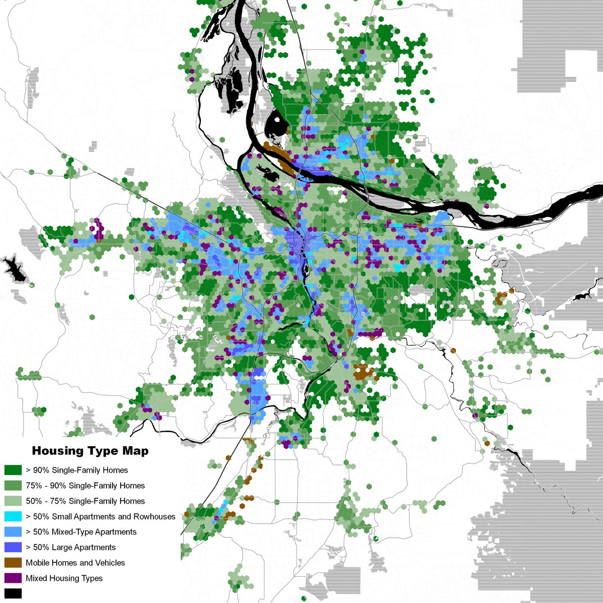 Heading north, we have Portland, which does well for a city of its size, but has a lot less in the way of walkable urbanism than you'd think given its reputation. cc  @surlyurbanist, who I should have tagged earlier i this thread.