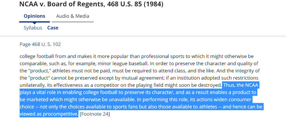 The Supreme Court in NCAA v. Board of Regents blessed "amateurism" in dicta because it "widen[s] consumer choice"