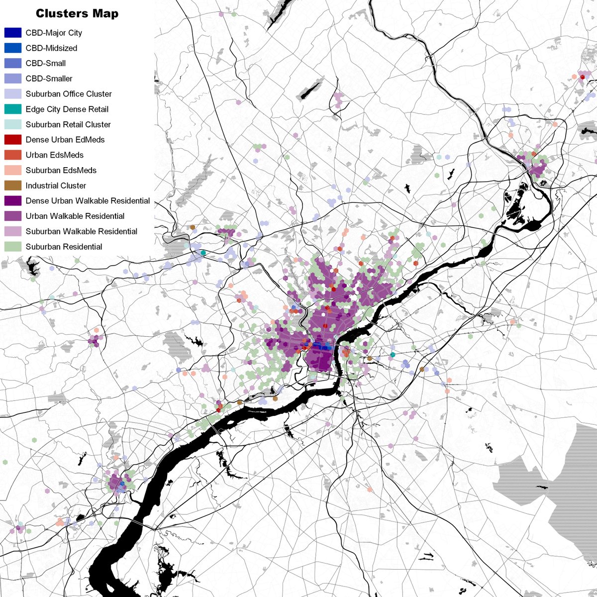 Philadelphia is another example of a decent amount of walkable residential. But it clearly has a lot less commercial core than DC or Boston, and helps me understand why it's often classified as having a "diffuse" development type. More LA-like than I'd realized. @5thSq