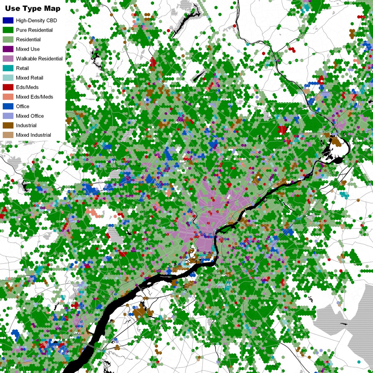 Philadelphia is another example of a decent amount of walkable residential. But it clearly has a lot less commercial core than DC or Boston, and helps me understand why it's often classified as having a "diffuse" development type. More LA-like than I'd realized. @5thSq