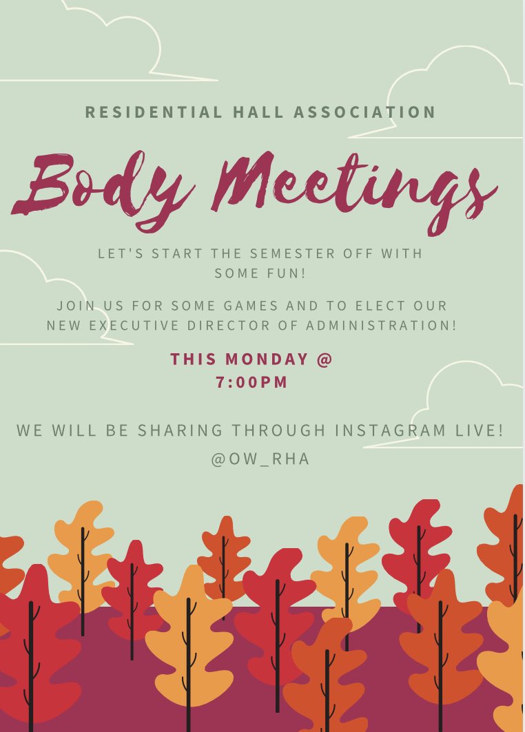 ow_rha's tweet photo. Just a reminder that our first RHA meeting is tonight on our Instagram live!! Come join us at 7pm @ow_rha https://t.co/bEVdI5j8Fp