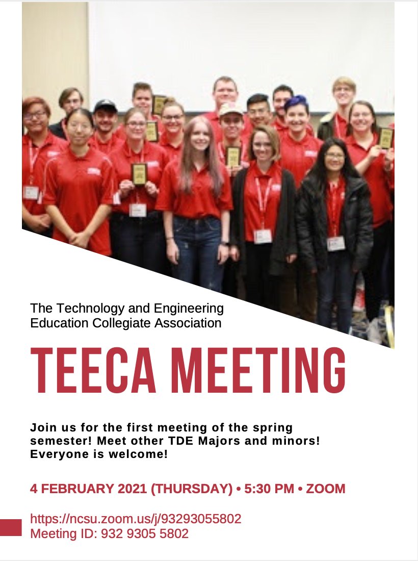 Join us for the first TEECA meeting of the spring semester THIS THURSDAY Feb 4th at 5:30: ncsu.zoom.us/j/93293055802