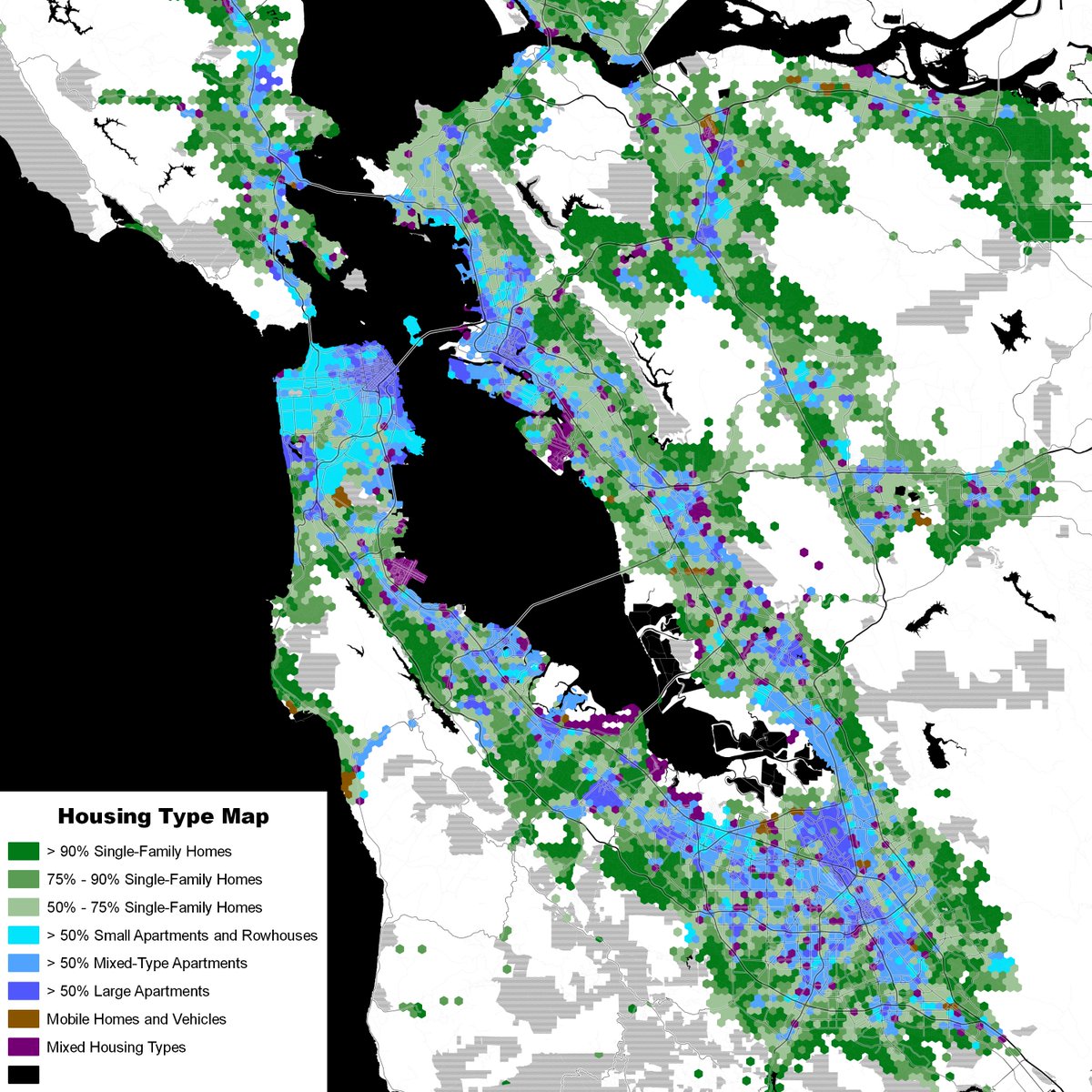 San Francisco is interesting because it gives us a look at actual pre-War urbanism in San Francisco/Oakland, and then sprawl masquerading as the second largest city in California to the south.