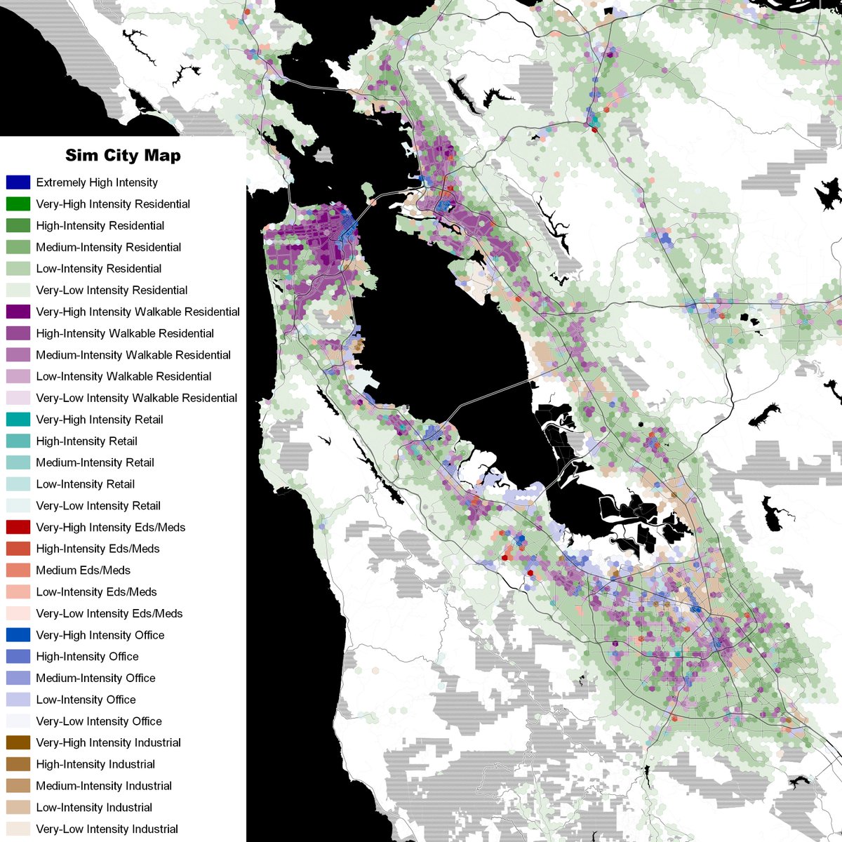 San Francisco is interesting because it gives us a look at actual pre-War urbanism in San Francisco/Oakland, and then sprawl masquerading as the second largest city in California to the south.