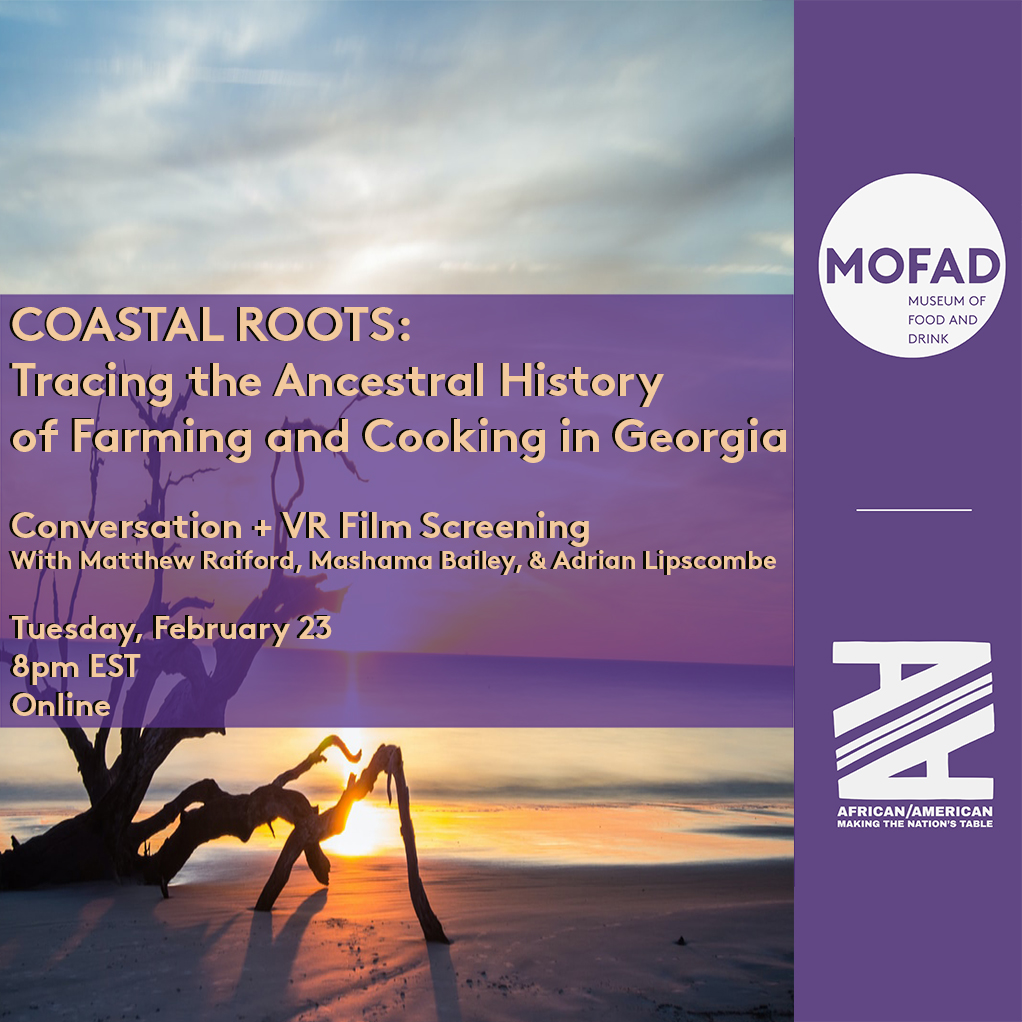 40acresproject's tweet image. Join @ADIE_ML &amp;amp; @mofad as they trace the ancestral history of farming and cooking in Georgia via a VR film+convo with Matthew Raiford, @GilliardFarms, @TheGrey_MB of @thegreysavannah, on 2/23, 8pm EST via Zoom, 🦪 Order VR headsets before 2/5! bit.ly/BHMxCR