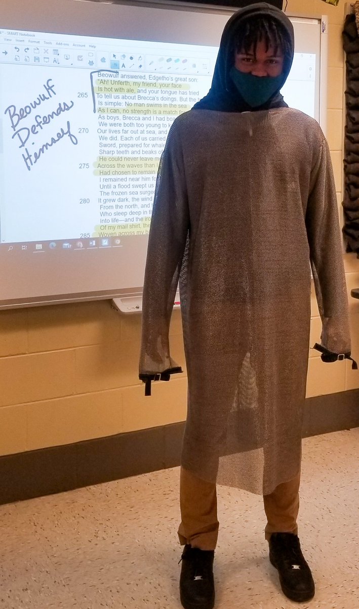 Mrspippinsclass's tweet photo. #Beowulf swam for several nights wearing his woven-metal mail shirt. There's no better way to get students' attention &amp; prove Beowulf's strength than having them wear chain mail. They like the challenge to see what they can do while wearing it. BJ sprinted down the hall. 😂 https://t.co/F12AWE65sR