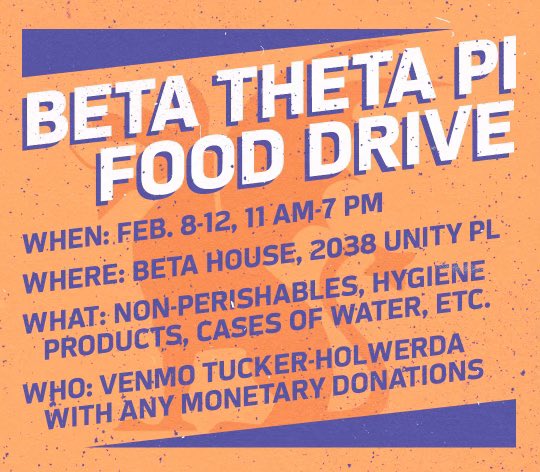 The men of Beta Theta Pi are back to do a food drive for Feed The West Louisville. Feed The West is a nonprofit initiative that provides food and educational resources to African Americans in west Louisville affected by food deserts. Info is on the graphic about helping out!