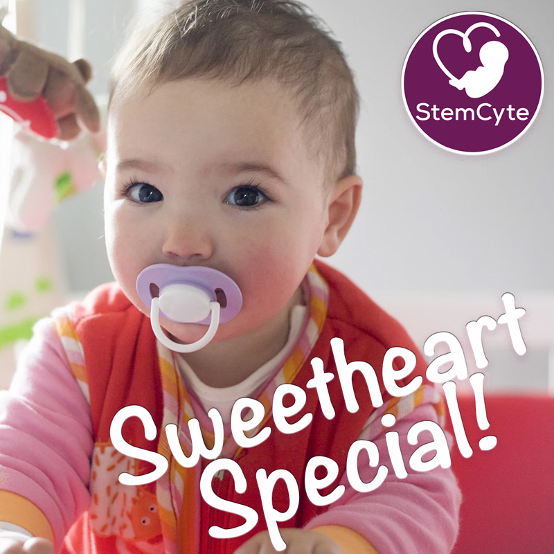 StemCyte's Sweetheart Special! 
1. Exceptional pricing for Cord Blood and Tissue Preservation
2. Complimentary StemCyte CARE ($699 value)
3. StemVita Skincare Trio ($260 value) 
Call (866) 389-4659 or visit StemCyte.com to take advantage of this SUPER sweet deal!