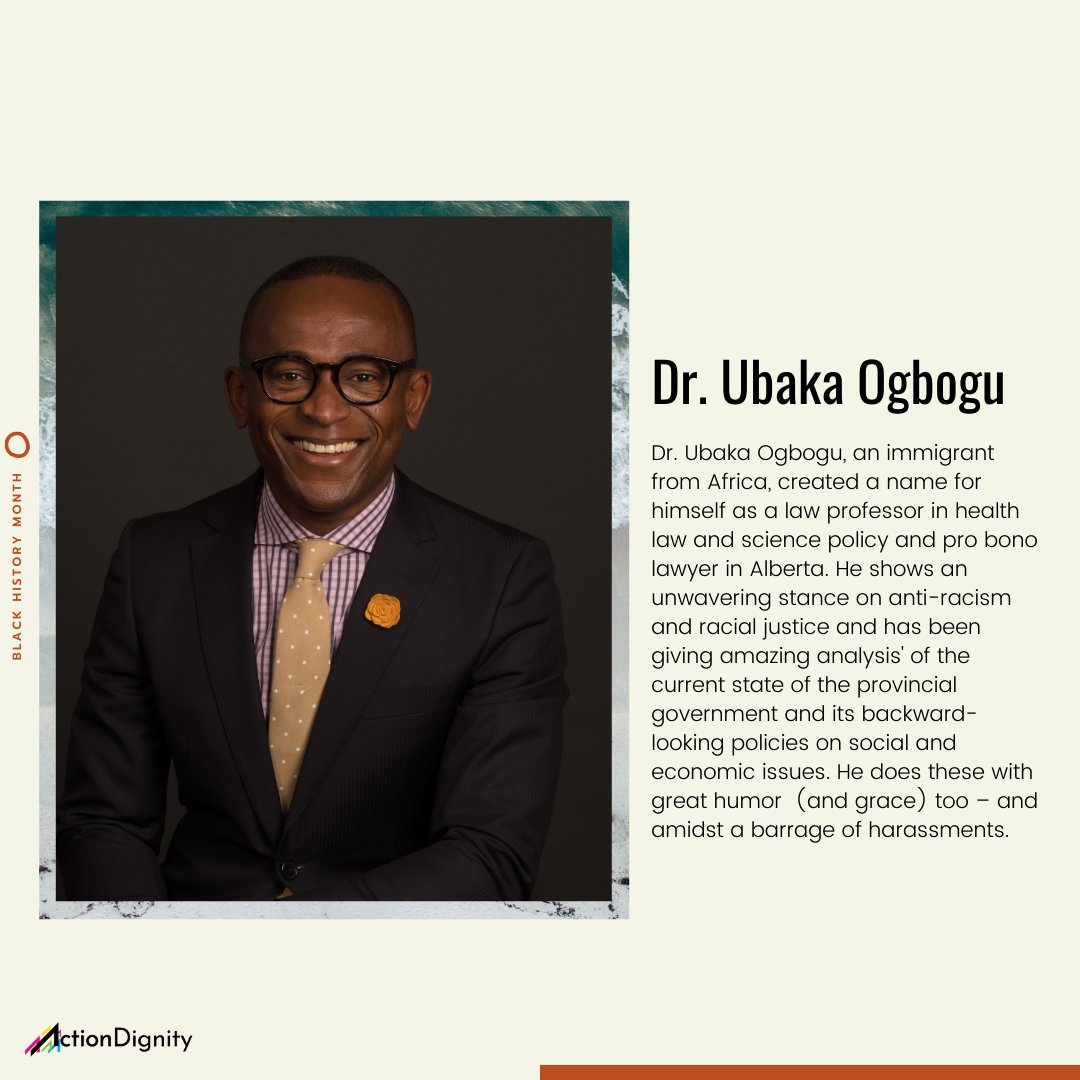  @UbakaOgbogu, an immigrant from Africa, created a name for himself as a law professor in health law and science policy and pro bono lawyer in Alberta. He shows an unwavering stance on anti-racism and racial justice and does this with great humor (and grace) too.