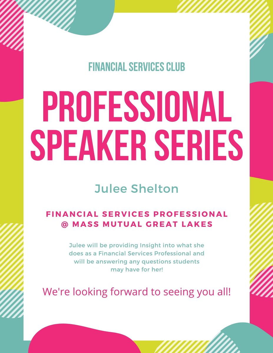 FSCWMU's tweet image. This weeks professional speaker is Julee Shelton from Mass Mutual Great Lakes. Julee is a financial services professional and a WMU alumni! She will be able to answer your questions, so be prepared! We can’t wait to see you all on Thursday.