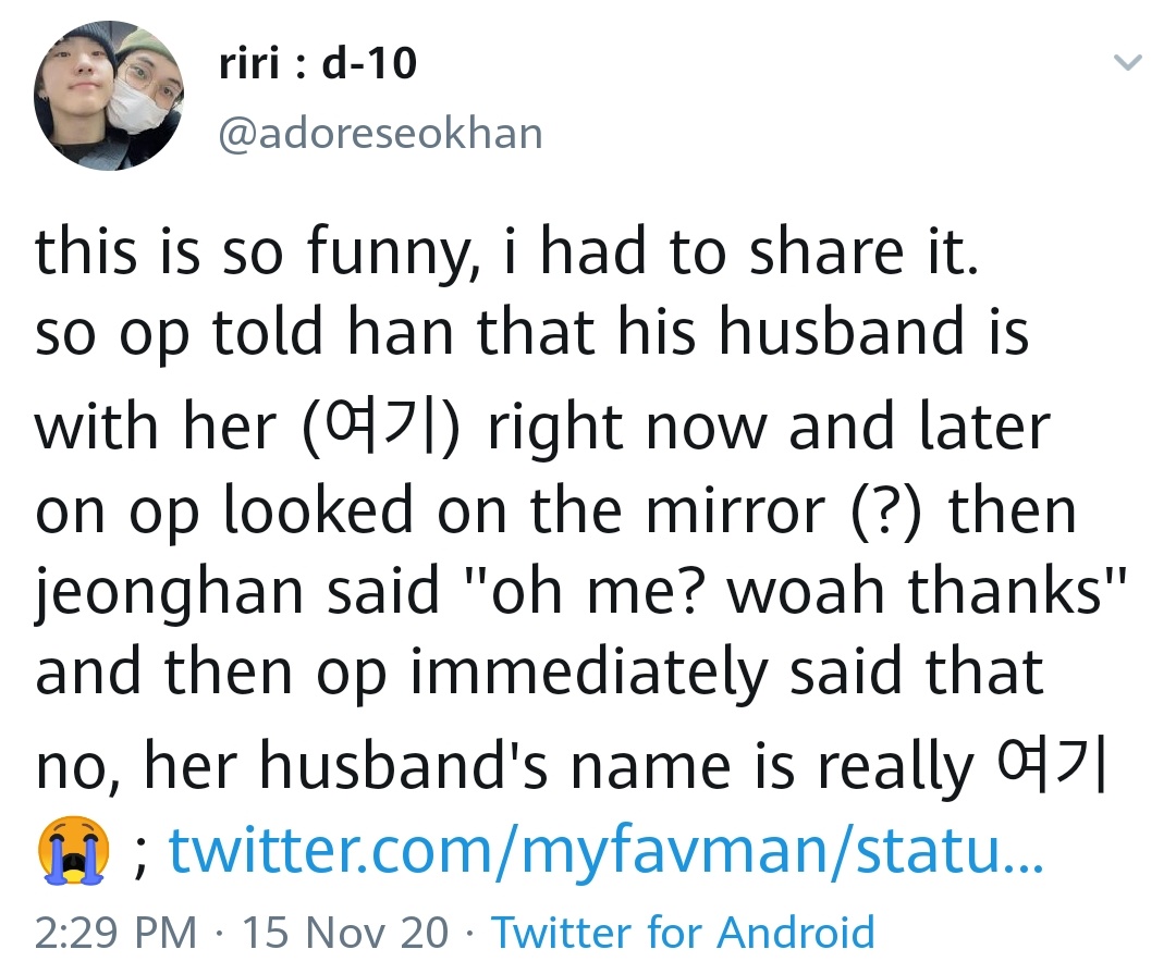assumed the fan was flirting with him when they mentioned their husband but turns out they actually had their husband beside them. he ended up remembering the husband's name but not the fan's