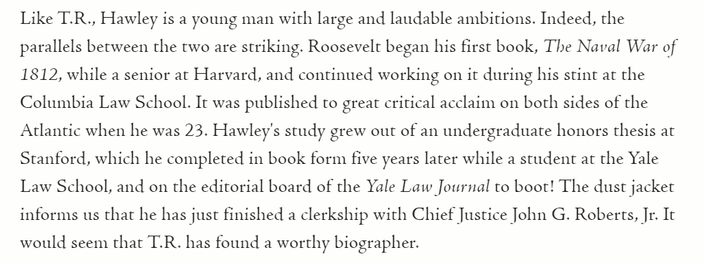 Just a few points worth highlighting:Joshua Hawley does think of himself as a political descendant of Theodore Roosevelt. He's built his career to mimic that of his idol. 2/