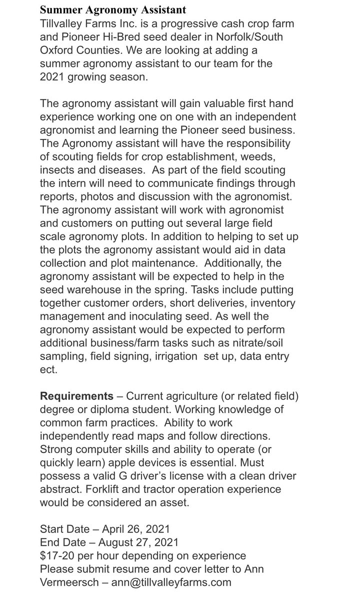 We are still looking for an Agronomy Assistant to help with seed and field scouting this summer. SW Oxford/Norfolk/Brant/SE Elgin.  April-August. Please PM me for more details. Retweets appreciated.