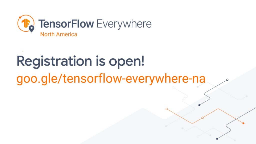🤩 TensorFlow Everywhere North America Summit 2021

Join us at the 1st #TensorFlow Everywhere North America Summit on Feb 27 for product updates from the team and #GDE!

📮 Reserve your spot → goo.gle/tensorflow-eve… 

#TFEverywhere2021 #googledevelopers