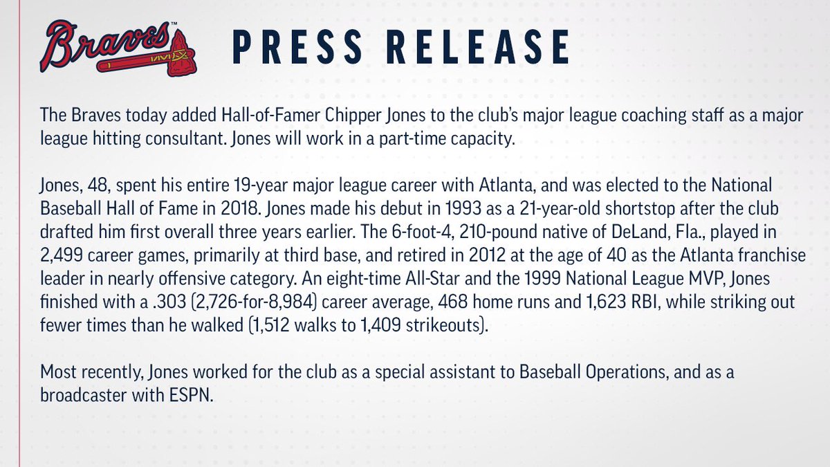 #Braves Hire <a href="/RealCJ10/">Chipper Jones</a> for Part-Time Role on Major League Coaching Staff: