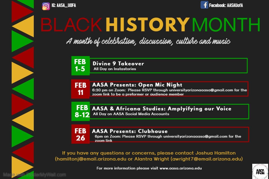 Hey UAOmbuds Family!
February is Black History Month and @AASAUofA has us covered with some great things planned for the month! Check out the Open Mic February 11th!

#uaombuds #ombuds #5206265589 #BlackHistoryMonth