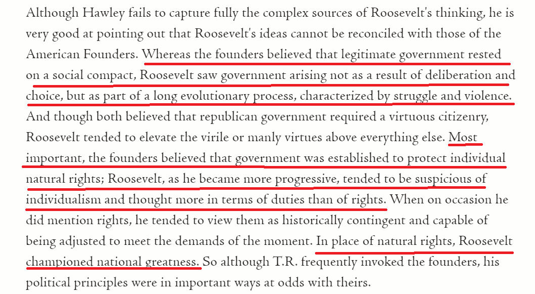 Roosevelt's philosophy was quite different from that of our founding fathers. He was focused less on individual rights and more focused on male superiority + national greatness for a legitimate government forged through struggle, rather than deliberation and choice.6/