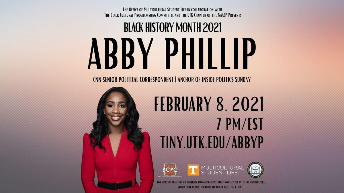 UTBCPC's tweet image. Join us on February 8th for our Annual Black History Month Celebration! Our Keynote Speaker is remarkable Anchor and CNN Senior Correspondent, Abby Phillip. 

To register: tiny.utk.edu/abbyp