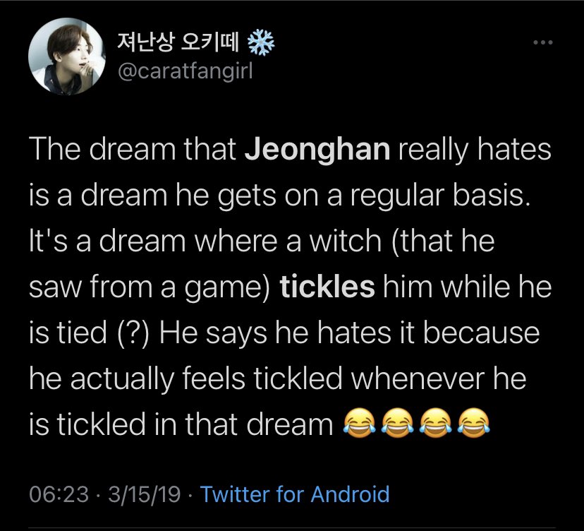 randomly opened up to carat during fansign about a dream that he really hates where a witch tickles him