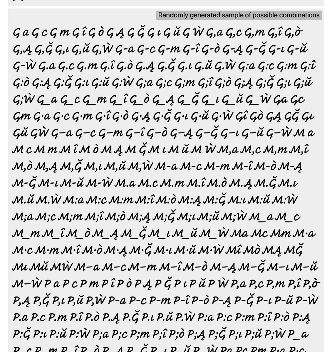 And finally a randomly generated sample of possible glyph combinations, to reveal the missing kerning pairs that will keep me up at night (and  @JordanTBell, because this is Inkwell Script):