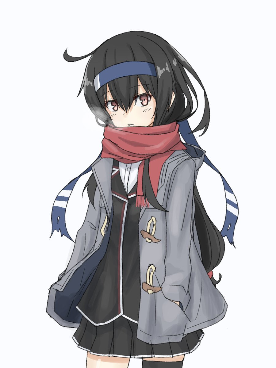 hatsushimo (kancolle) 1girl solo long hair black hair scarf skirt jacket  illustration images