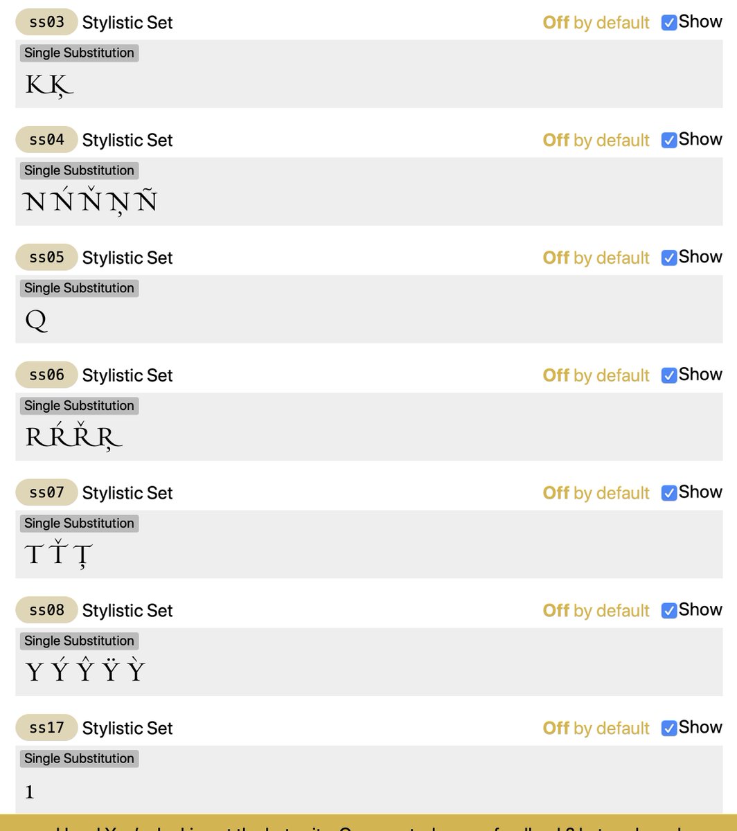 A very nice presentation of Stylistic Sets, as a reminder of which characters get transformed (here’s Requiem):