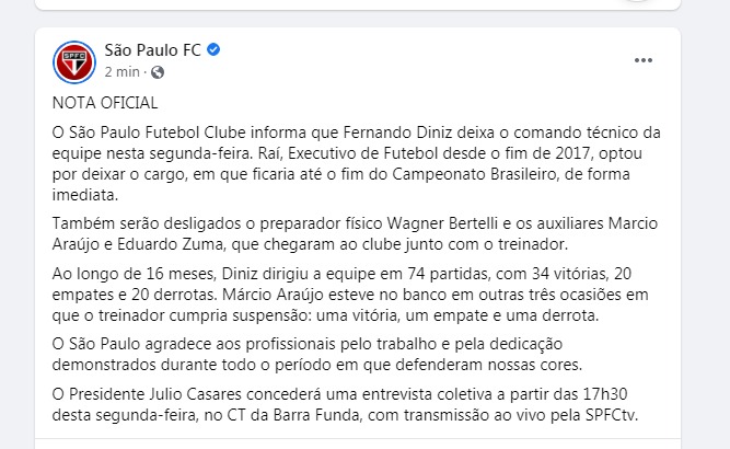 Finalmente! ADEUS e até NUNCA mais... inclusive, seguirei esperando as próximas dispensas... as quais são mais que necessárias

#SPFC 🔴⚪⚫ #ForaDiniz #ForaRaí #ForaPerninhas