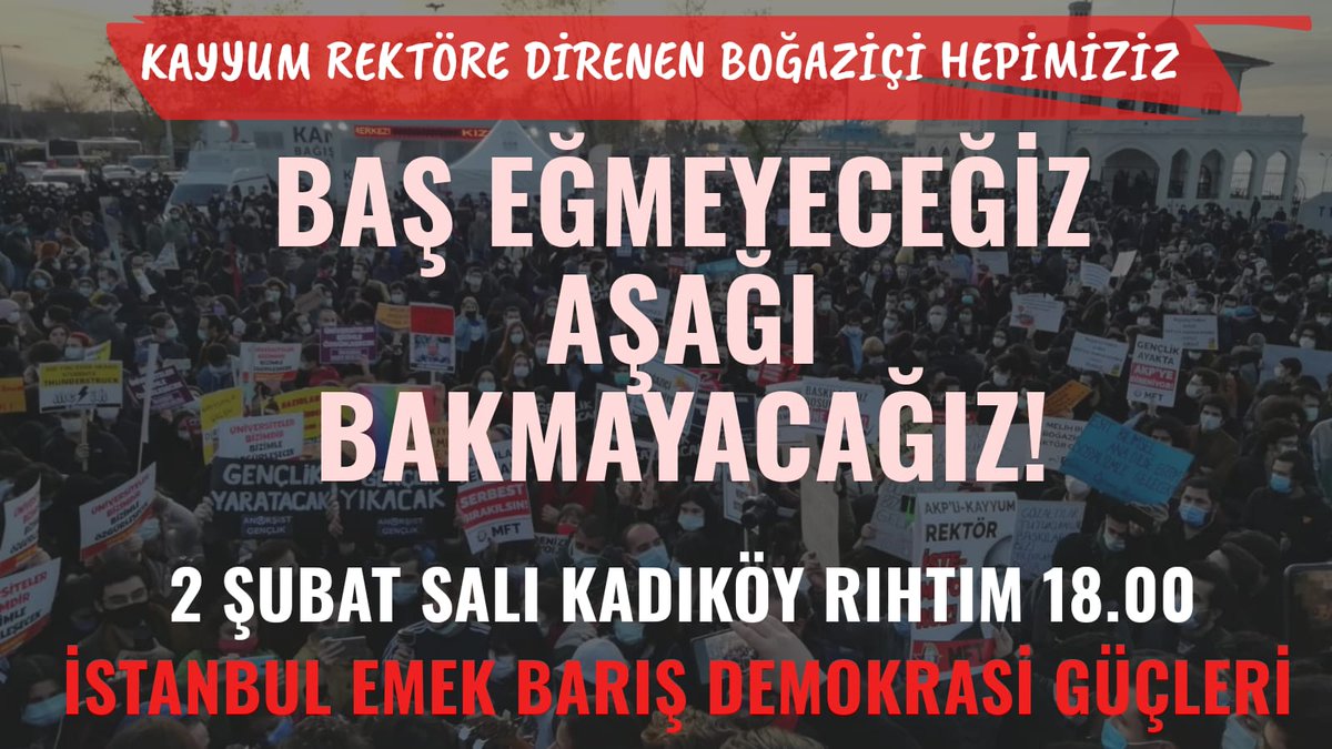 bounmeclis's tweet photo. BAŞ EĞMEK YOK!
TAM DÖRT HAFTALIK BİR DİRENİŞ!
YÜZLERCE GÖZALTI!
ÖĞRENCİLERİN SESİNİN HENÜZ KESİLMEDİĞİNİ GÖSTERDİK!
BİR KEZ DAHA BİRBİRİMİZİN SESİNE SES OLMAYA!
2 ŞUBAT 18:00'DE KADIKÖY RIHTIM'A!
KAHROLSUN KAYYUM DÜZENİ!
YAŞASIN EYLEM BİRLİĞİMİZ! https://t.co/KXsl9n6ljh