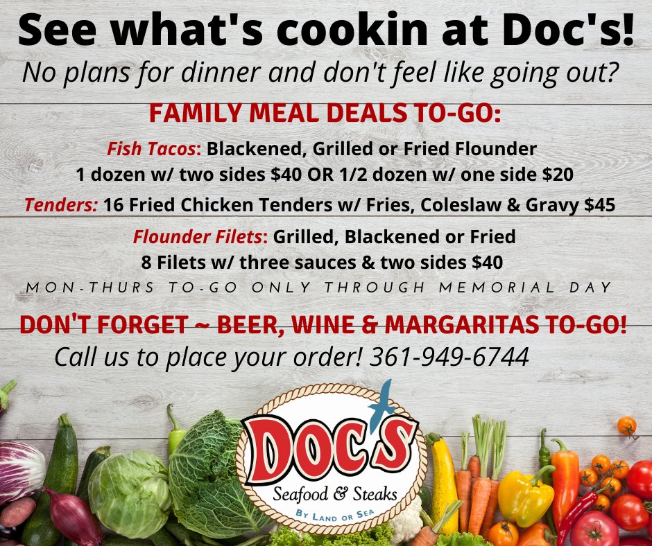 Call on your way home and grab
dinner to go! Kick your shoes off, Relax, Margarita in hand, no prep, no messy kitchen 😉 *Now offering Family Meal Deals* 361-949-6744