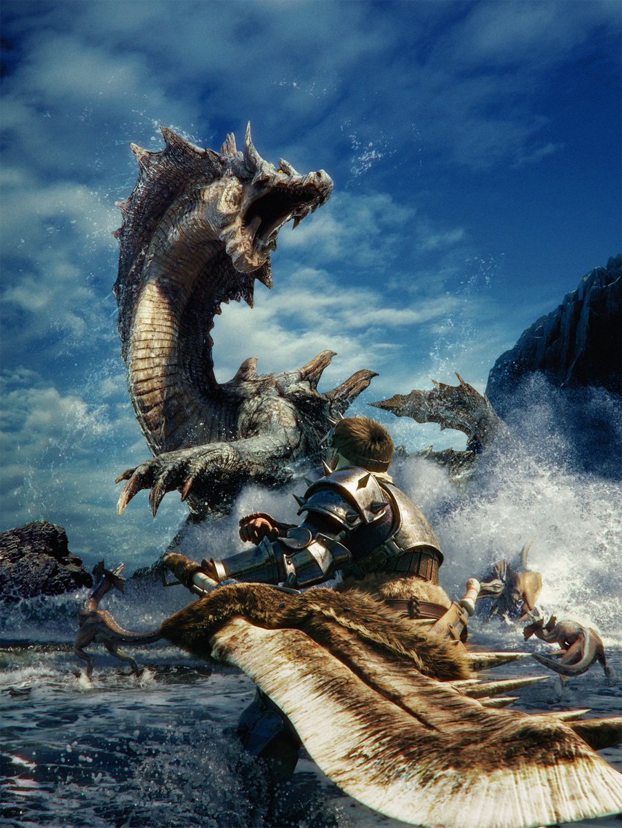 The Great Jaggi and its prey were near the sea, and, while the hunter was standing on a cliff watching the hunt play out, something with a long neck suddenly jumped out of the water and grabbed the Great Jaggi before dragging it back into the sea.
