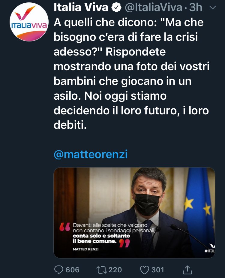 Il capoccia di “Arabia Viva” ha sbroccato di brutto. È talmente fuori controllo che oggi si sente anche Papa. Leggere per credere. Davvero imbarazzante. Tweet di 3 ore fa. #renzi #crisidigoverno