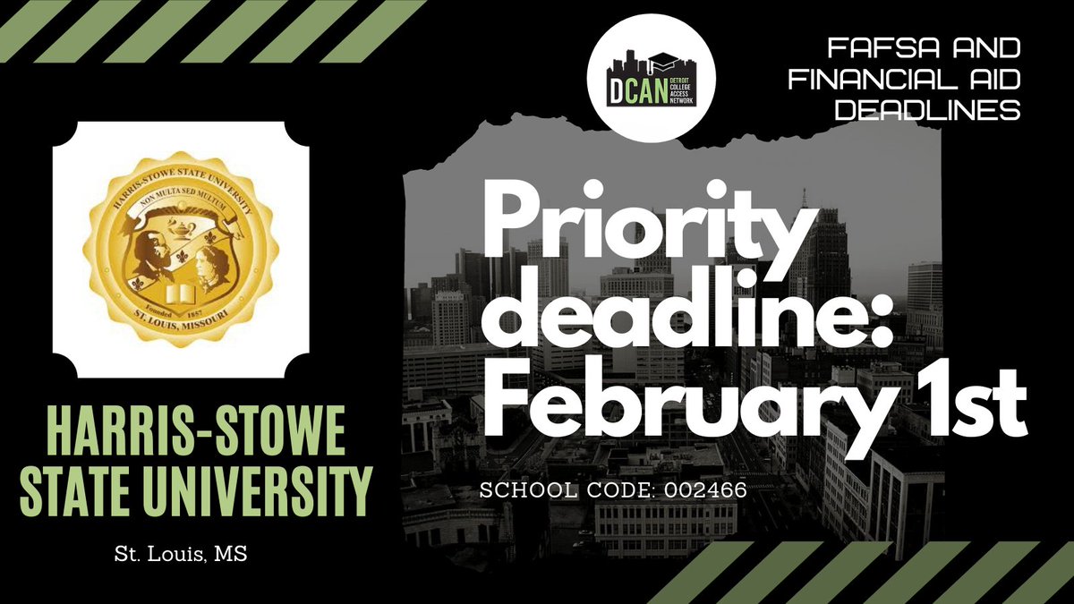 Detroit_CAN's tweet photo. Harris-Stowe State University's priority deadline for FAFSA completion and financial aid is TODAY. Remind students to get their application completed ASAP if they are planning to attend @HarrisStowe!
Check out their financial aid page here: https://t.co/xhF0CoFCBy
#FAFSADeadline https://t.co/hlnA93moGZ