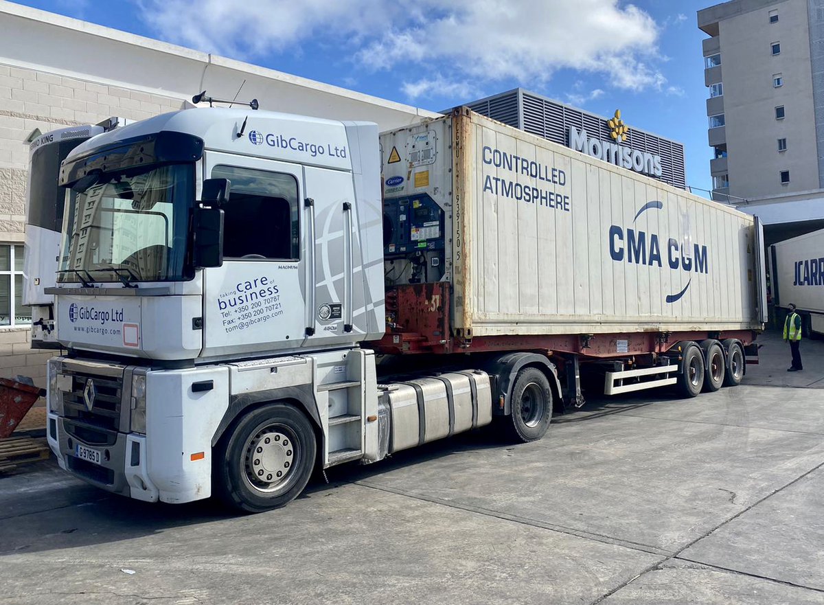 GibCargo's tweet photo. First post-Brexit sea freight direct from UK, GibCargo successfully delivered 5 containers to Morrisons Supermarket, GibCargo, Taking Care of Business! https://t.co/DZCG9WUCxB