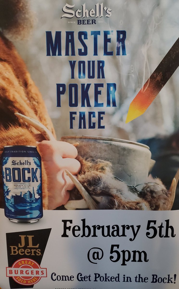 This Friday, February 5th starting at 5pm we will be lighting up the fire pit and getting ready to #PokeyouintheBock! #Bundleup and come on down to take part in this time honored tradition. Outside seating will be available, don't forget your mask! #jlbeers #jlbeerswf #schells