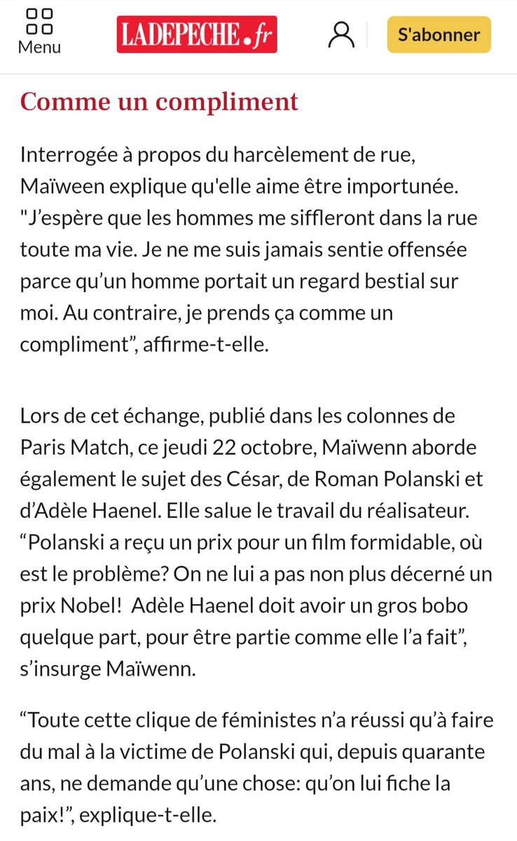 Elle va même jusqu'à défendre Roman Polanski...“Polanski a reçu un prix pour un film formidable, où est le problème? On ne lui a pas non plus décerné un prix Nobel ! Adèle Haenel doit avoir un gros bobo quelque part, pour être partie comme elle l’a fait”, s’insurge Maïwenn.