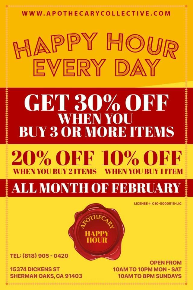 #HappyHour Everyday All Month of #February!! 🥳🥳 1 Item 10% off, 2 items 20% off &amp; 3 or more items 30% off your purchase. 15374 Dickens St. Sherman Oaks, CA 91403. Open from 10am-10pm Mon-Sat &amp; 10am-8pm on Sunday! 🥳🎇✨🎊🎉🎇✨🎈🥳🎆🎊
•
#KnowledgeGeneticsQuality 
#Apothecary