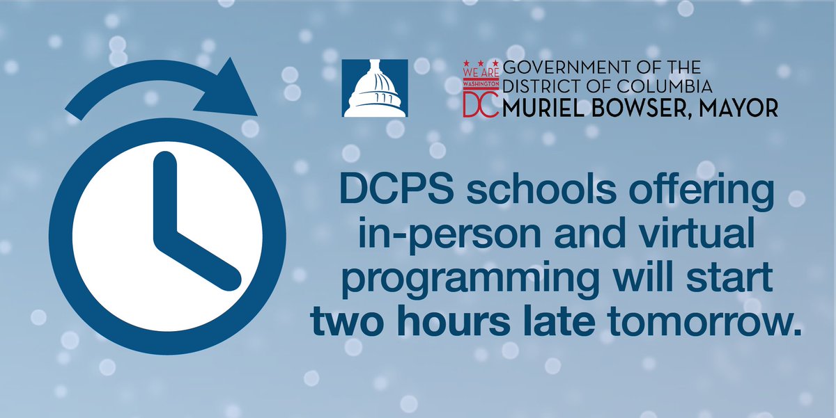 DCPS is on a two-hour delay for in-person students on Tuesday, Feb. 2. Students who do not report in person should also plan to log into virtual classes two hours later than their usual time. All staff working in person or remotely should continue their normal tour of duty.
