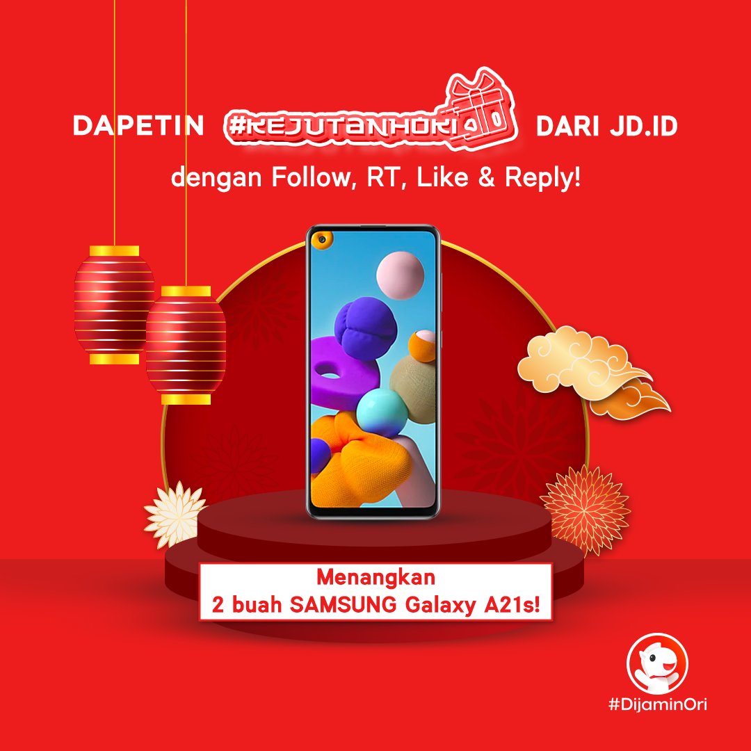 JDid's tweet photo. Menyambut Lunar New Year, Minjoy mau kasih hoki buat kalian, nih.
Ada 2 buah SAMSUNG Galaxy A21s untuk yang beruntung, caranya?
1. Follow @JDid
2. RT &amp; Like Tweet ini 
3. Reply “Semoga Hoki!” (Max 3 Reply) dan tag 2 teman
4. Jangan lupa hashtag #KejutanHoki, yaaa!
Good luck! https://t.co/wU0gj0mpfB
