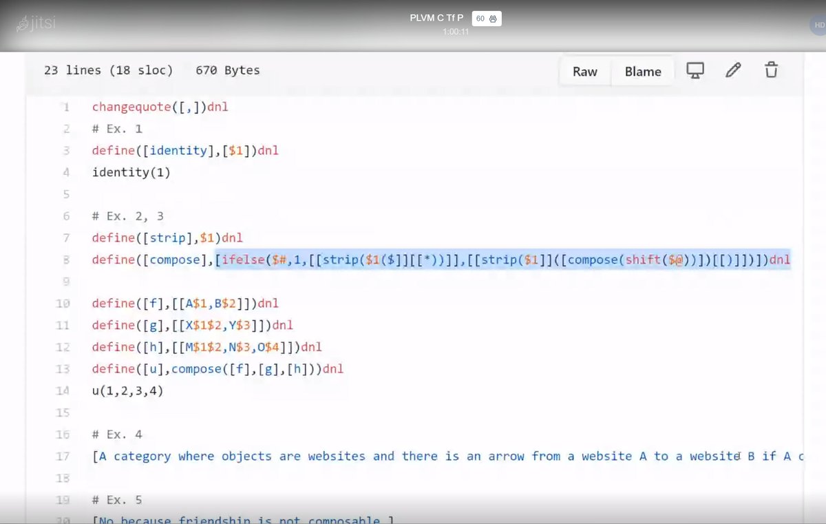 Attending a Category Theory for Programmers <a href="/plvirtualmeetup/">Programming Languages Virtual Meetup</a>, didn't expect to see a function composition example in M4 :D
