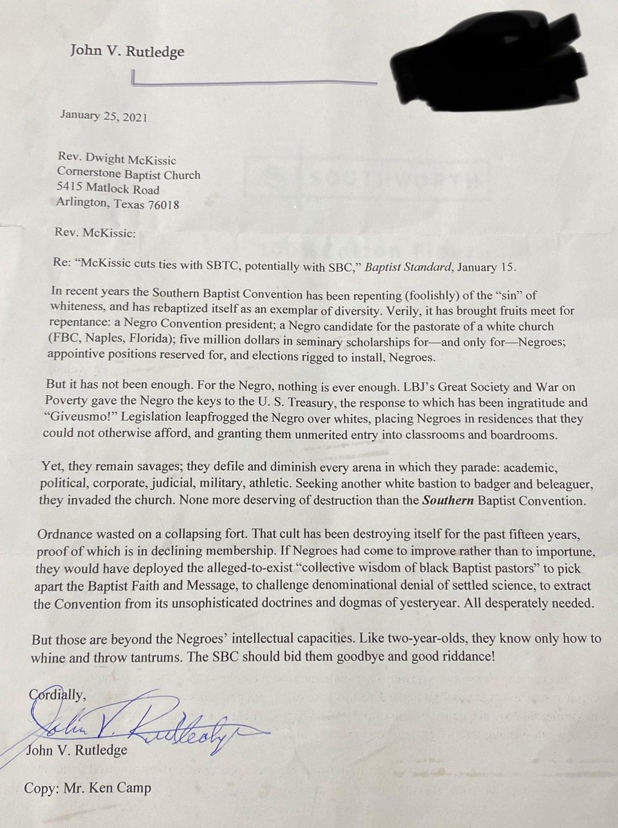 This evil and hate-filled letter was sent to pastor  @pastordmack over his rightful reason of leaving the SBTC. For every pastor/layman/professor preaching that CRT/I is the "greatest threat to the SBC church", this is the real threat that is actively being spread, still! (1/4)
