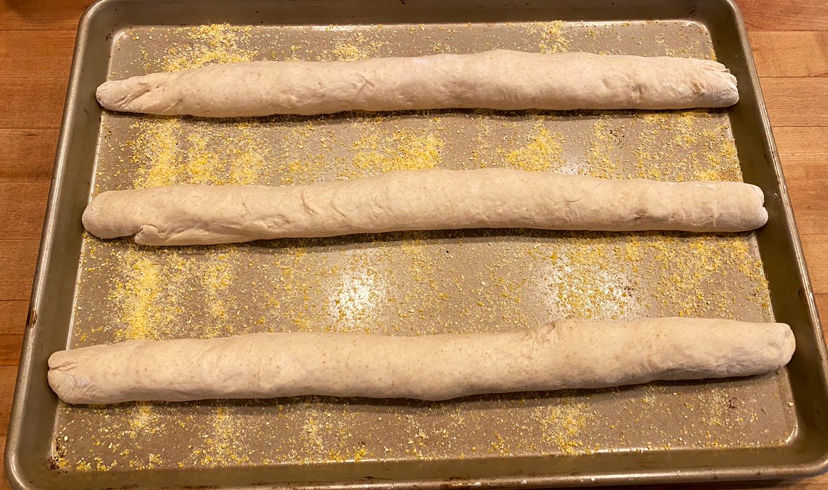 Put some cornmeal in the tray, lay the baguettes carefully over it by lifting from both ends. Dust with flour- it makes it seem fancy and like we know what we are doing. Then score, deeply, along the top middle 1/3 of the loaves. This will cause them to open dramatically.
