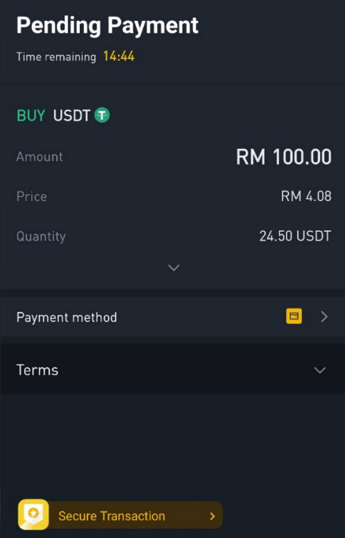 Click Buy > Enter Amount > then open your bank acc and buat fund transfer macam biasa. That's why it's called P2P - kita transfer ke individual acc, bukan ke Binance. Within few minutes seller akan approve. Now you have MYR100 or 24.51 USDT in your Binance 